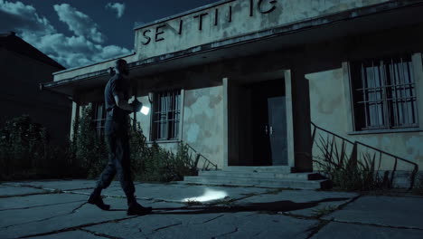 Soldier Investigating an Abandoned Building at Night