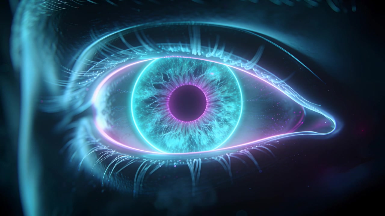 Pulsing stylized neon eye shifting as camera sliding left at close-up, forming glowing tear droplet