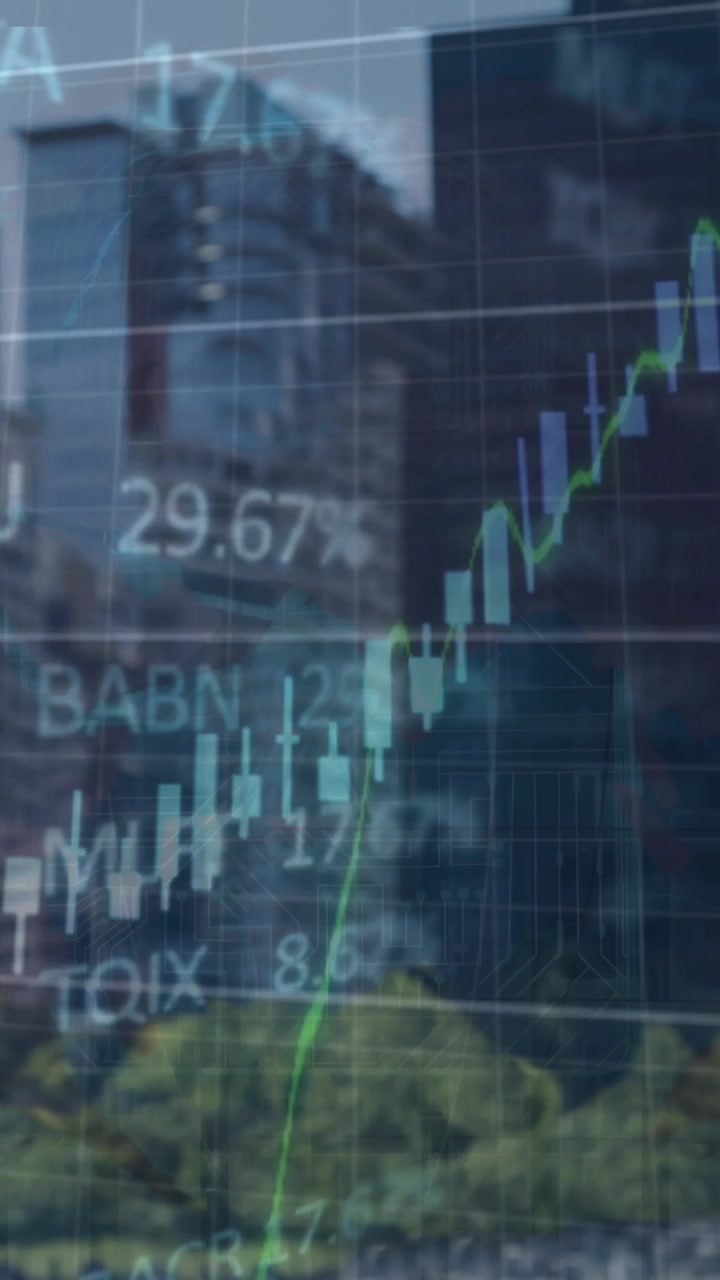 Animerede finansgrafer og data over bybillede