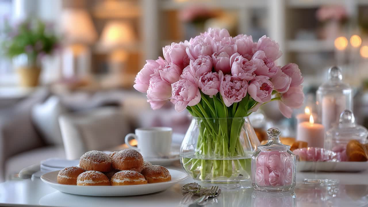 A Delightful Morning Setup with Fresh Pink Tulips, Sweet Pastries, and Soft Lighting Creating a Cozy Atmosphere Perfect for Relaxation and Enjoyment