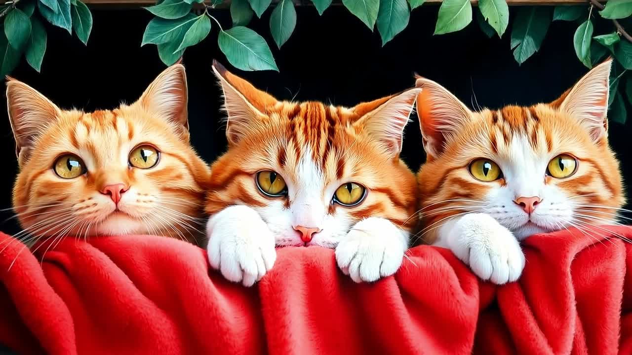 Tre gatti arancioni e bianchi che sbirciano da dietro una coperta rossa