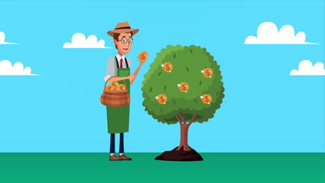elegant gardener businnessman with coins tree character animated