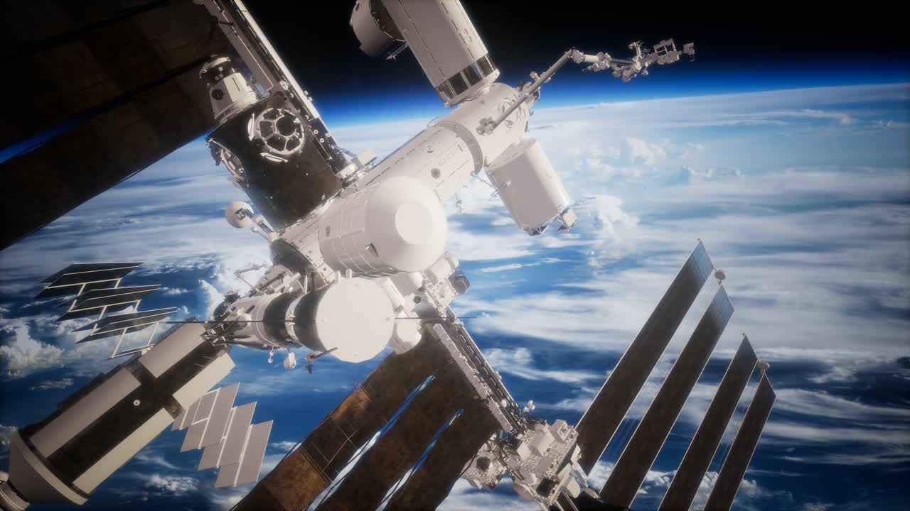 una vista de la tierra y una nave espacial. iss está orbitando la tierra