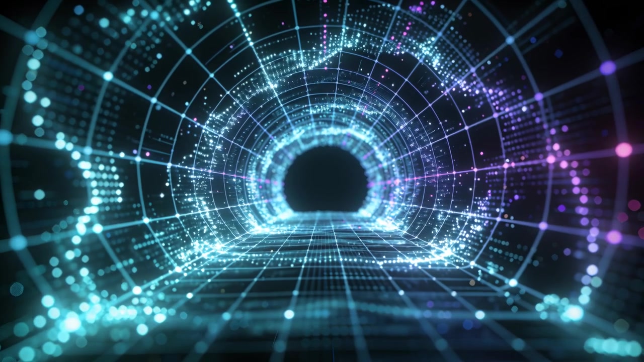 Pulsing wireframe tunnel in cyberspace, grid floor pulling to dark void, teal-purple dots flowing