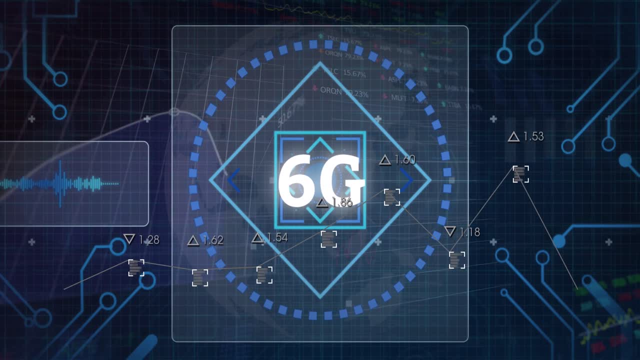 animación de 6g y circuito integrado en pantalla digital