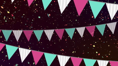 animation of three lines of colourful bunting flags over colourful confetti falling