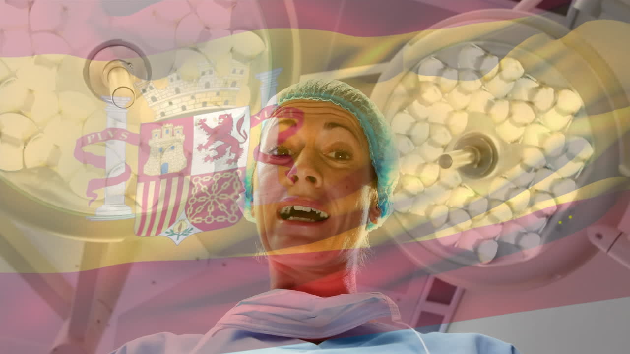 수술실에서 마취과 의사 위에 흔들리는 스페인 국기의 애니메이션