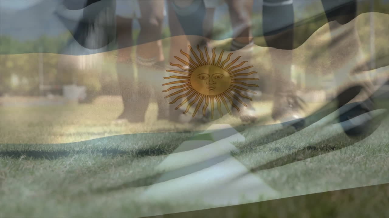 다양한 럭비 선수들이 경기장에서 연습하는 아르헨티나 발의 애니메이션