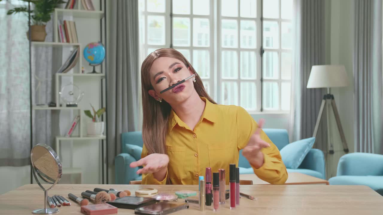 Funny Influencer Young Transgender Woman Blogger Laugh And Smile, Makeup Tutorial Video At Home Studio
