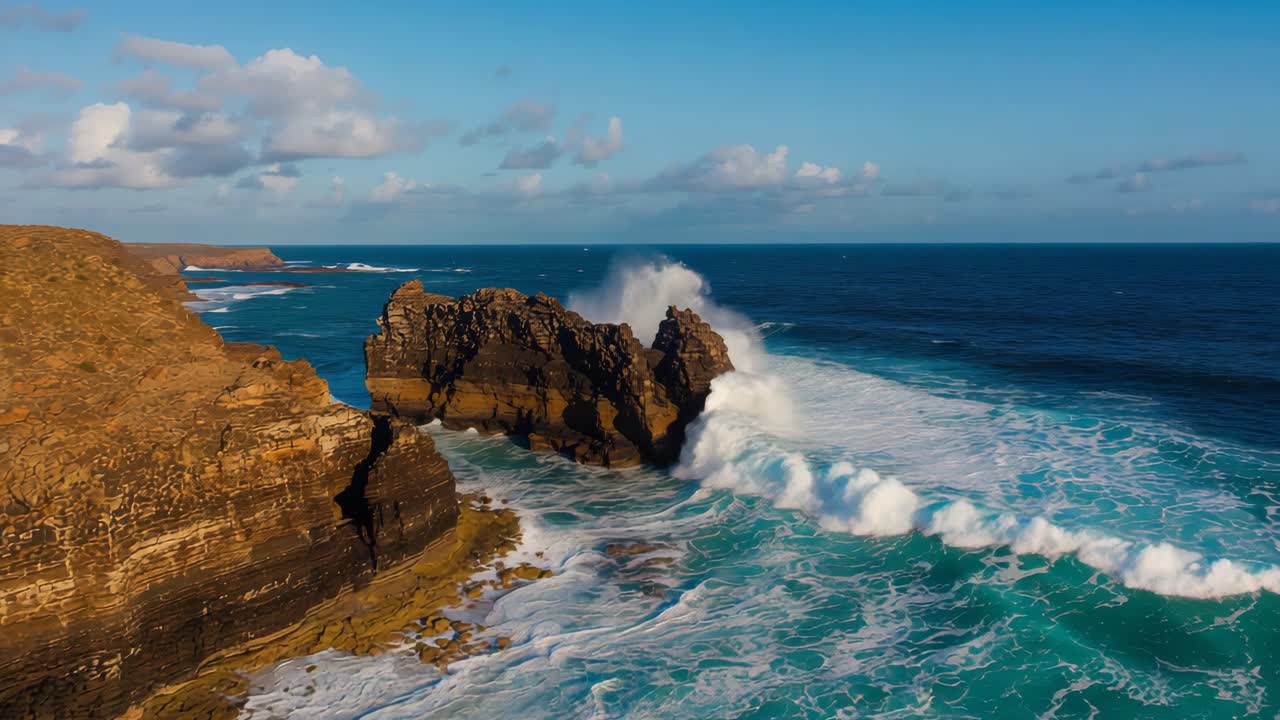 Rolling in horizon, swell waves surging against rock outcrop by sandstone cliff, with foam swirling