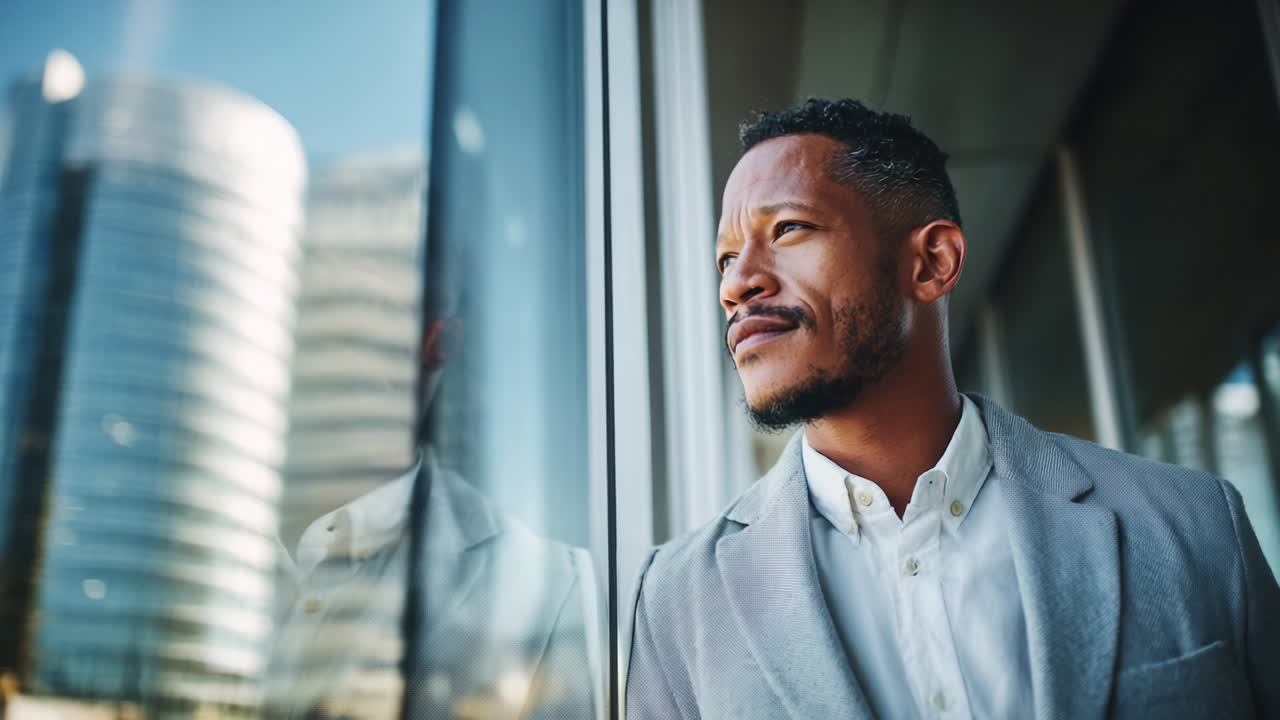 A Professional Male Subject Contemplating Life Through Glass Windows, Reflecting Confidence and Ambition in a Modern Urban Environment with a Stylish Outfit and Thoughtful Expression