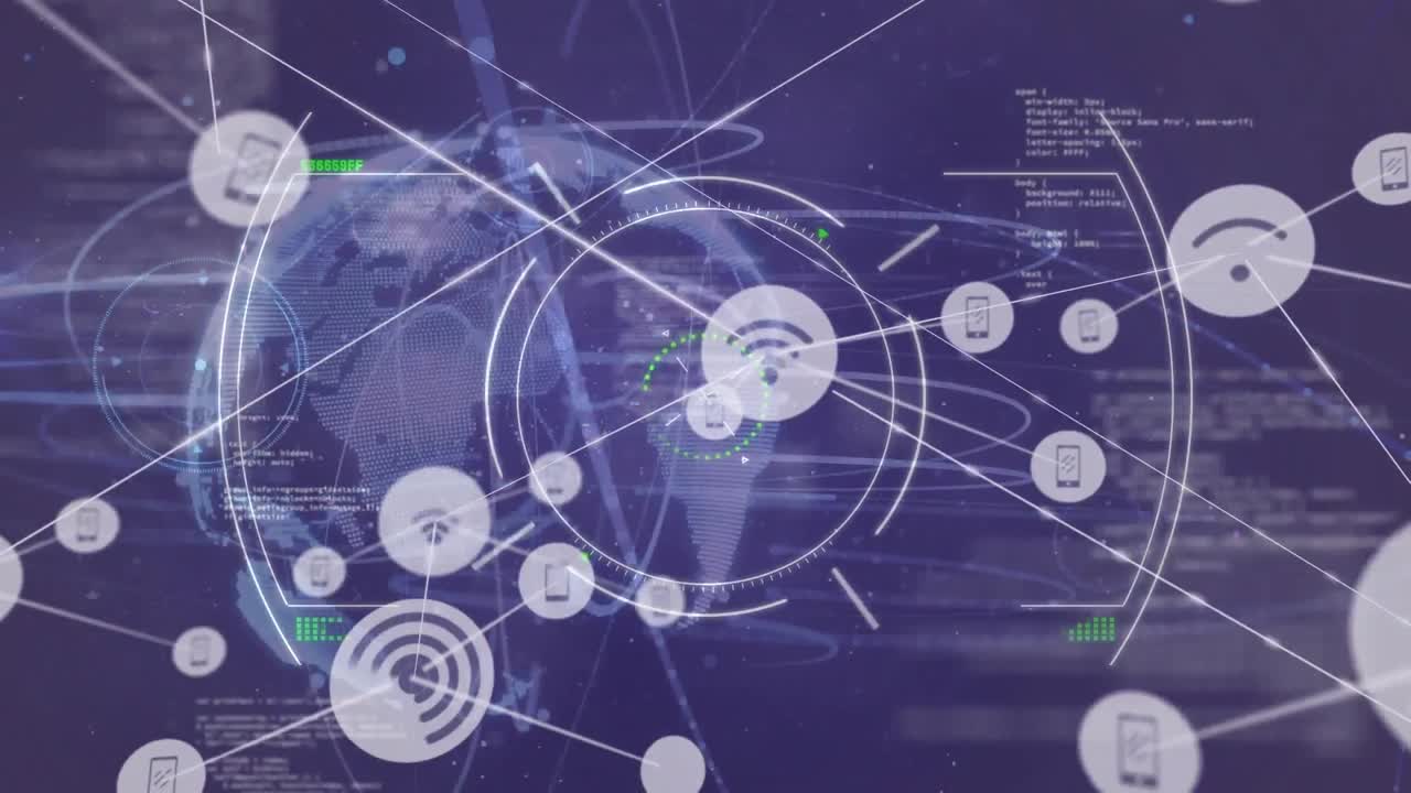 Animation of network of digital icons over data processing and spinning globe on purple background