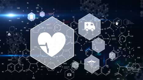 Animación-De-Iconos-Médicos-Y-Fórmula-Química-Con-Procesamiento-De-Datos-Sobre-Fondo-Negro