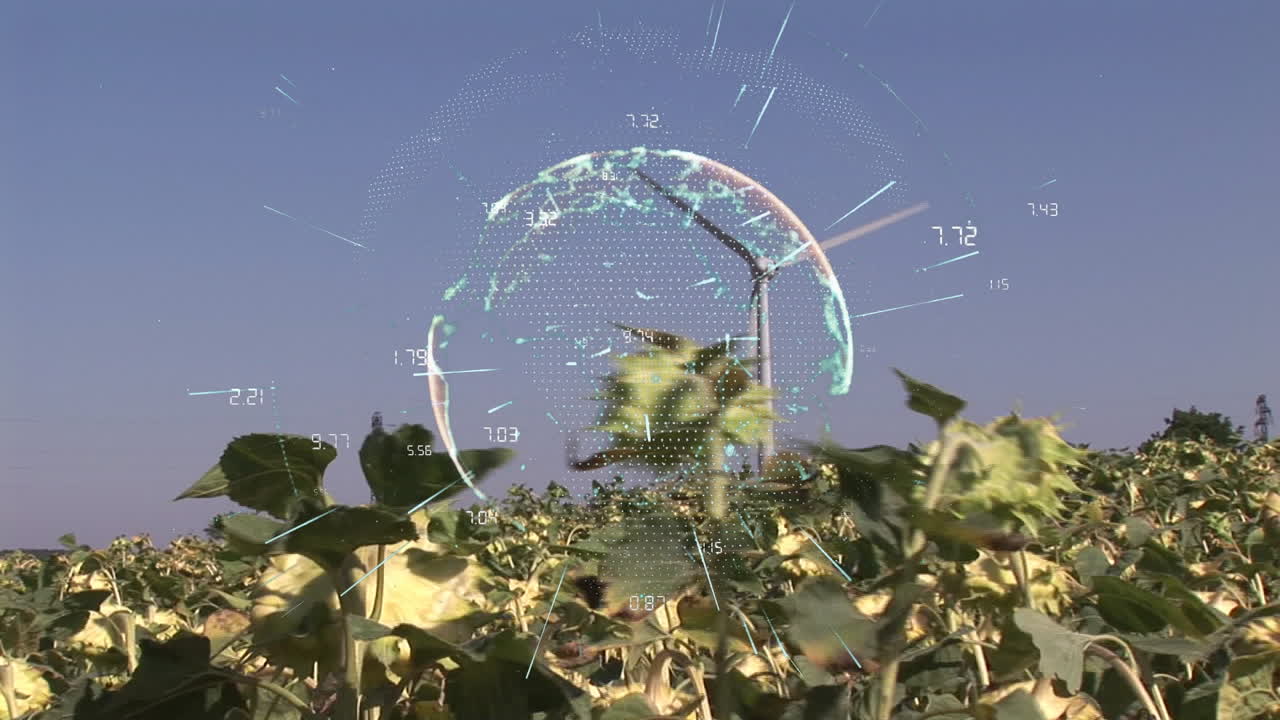 꽃 과 풍력 터빈 위 에 숫자 가 있는 지구 의 애니메이션