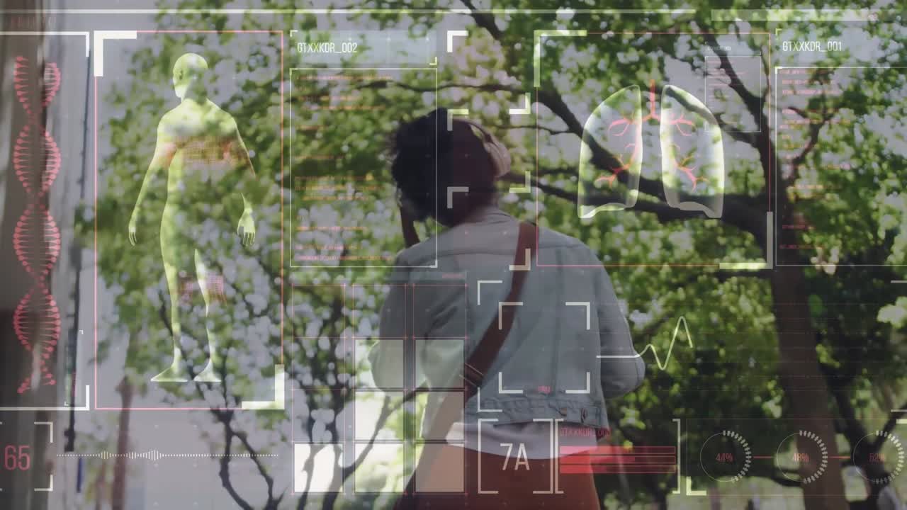 Animation of human body data and statistics over Asian woman wearing mask walking on street