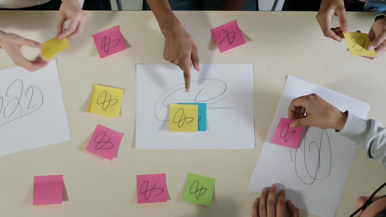 Un gruppo stimolante con gli occhiali che posiziona post-it su un foglio centrale al tavolo, ordinando le idee.