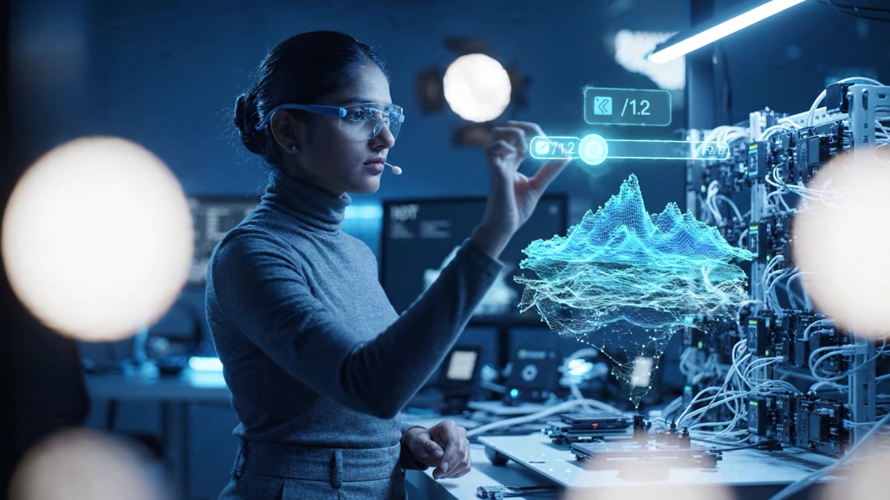A young woman in a high-tech lab interacts with digital data visuals, showcasing analysis and technological innovation in a futuristic research environment.