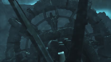 cinematic flyover shot of a stormy mountainous alien crash site, along the spine of a vast derelict space ship with wreckage, through an electrical silicate storm - teal color scheme