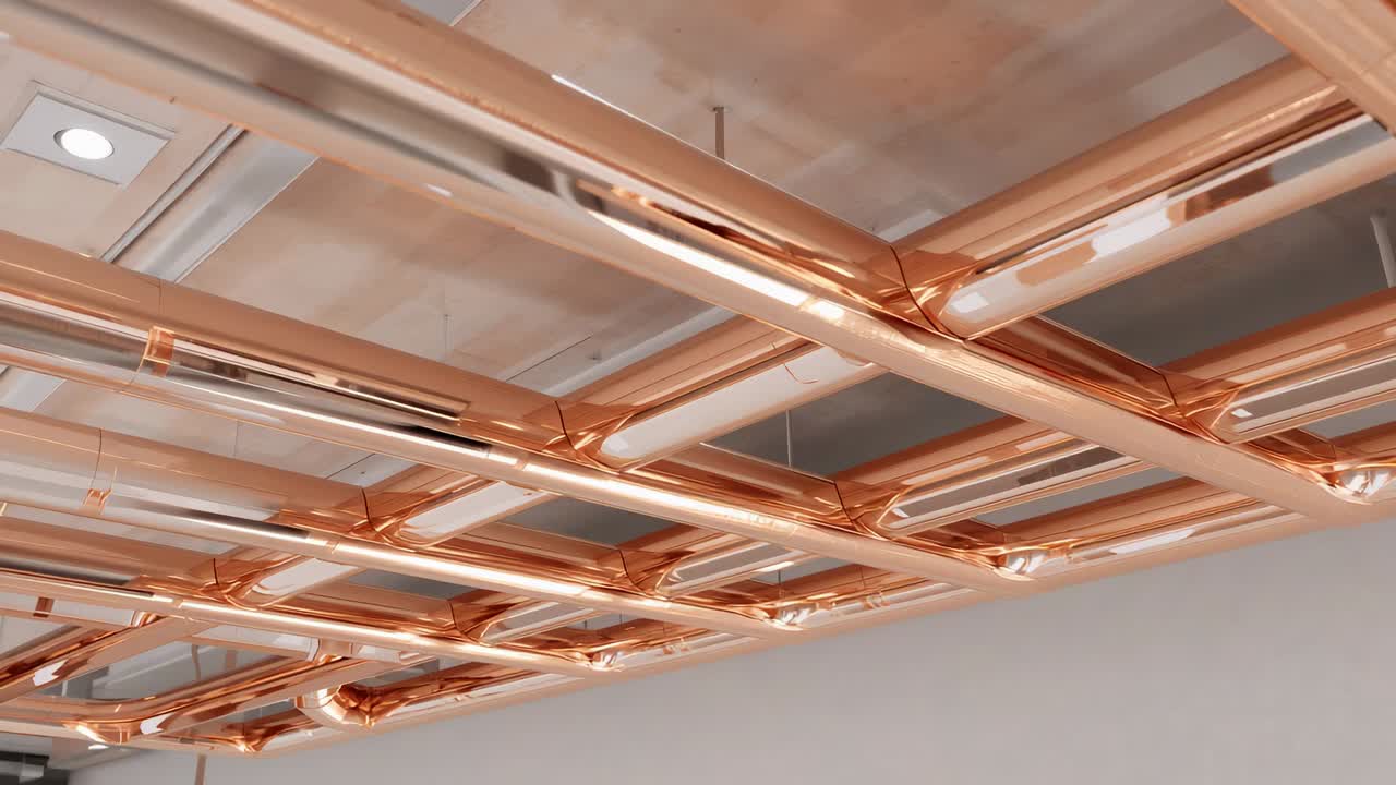 Ripresa panoramica che rivela una griglia color oro rosa sospesa in uno showroom, che mostra luce quadrata e aste sottili