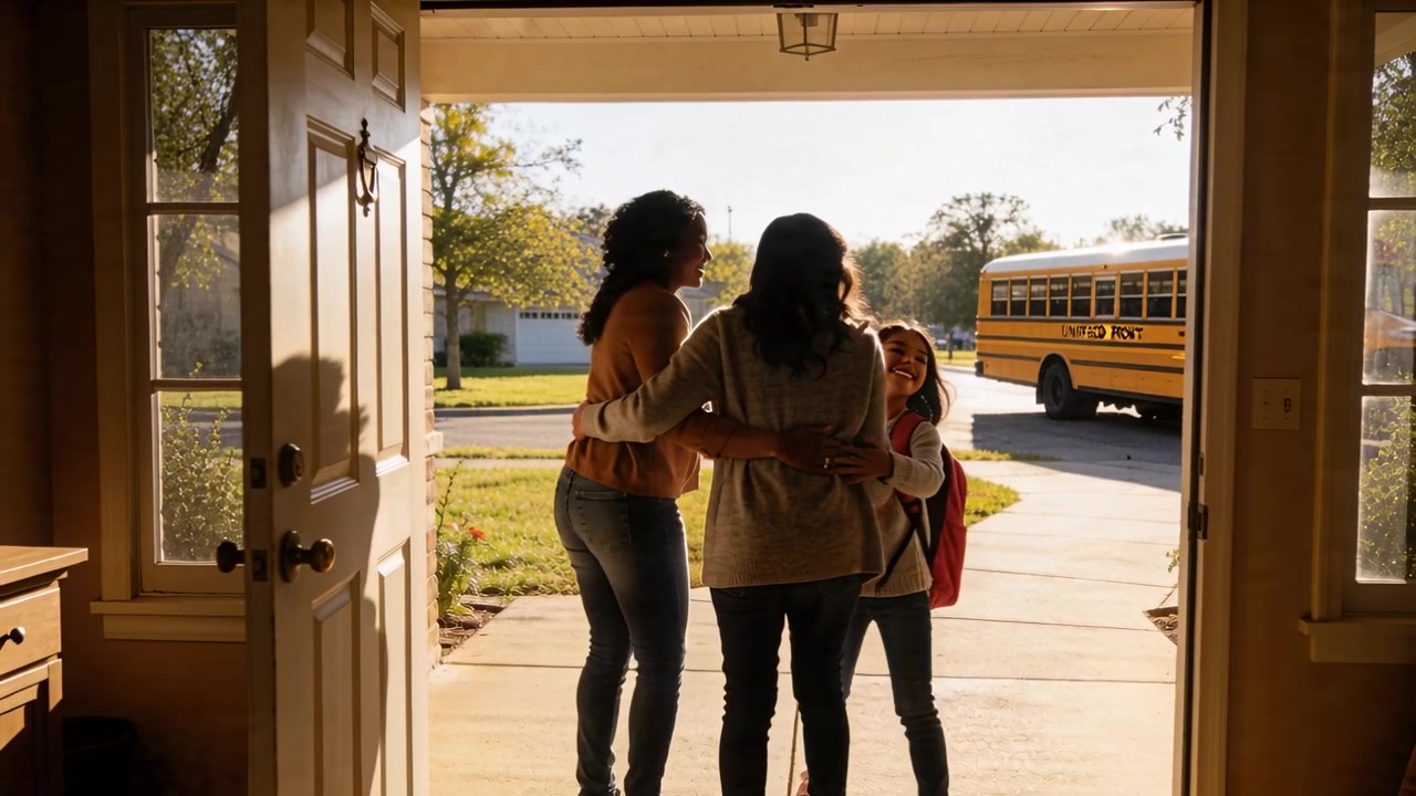 Dos mujeres con suéteres saludando y unidas en el porche, dando la bienvenida a un niño/a que regresa del autobús escolar y abrazándolo.