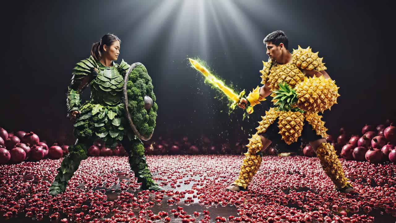 Food Fight: Warriors in Pineapple and Broccoli Armor Battle with Swords