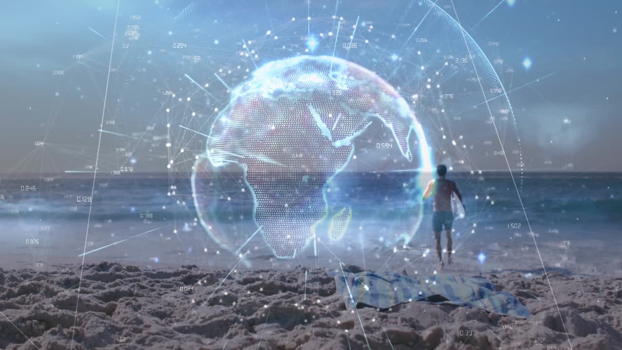 Animasjon av nettverk av forbindelser og globus over mann som svømmer i havet