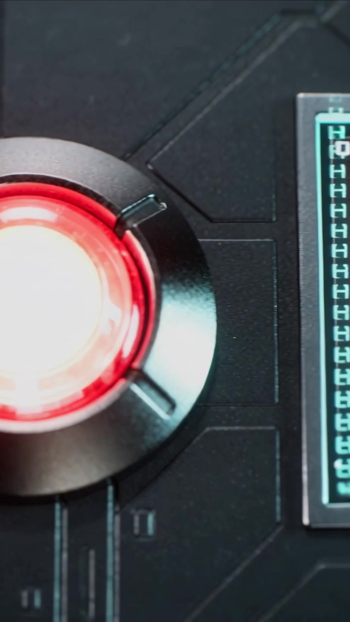 Vertical video: Pulling camera revealing bezel indicator on panel showing cyan data, copy space