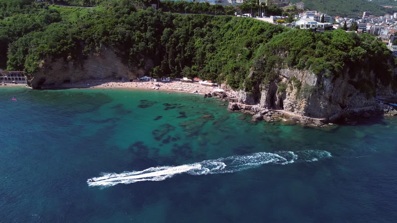 Jetboat tour near beach, Adriatic coast, Budva, Aerial