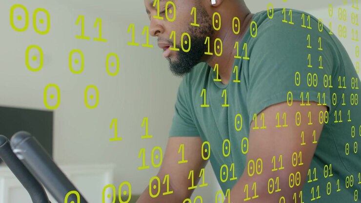 Man starting fitness workout on bike, pedaling, adjusting towel while binary overlay tracking data