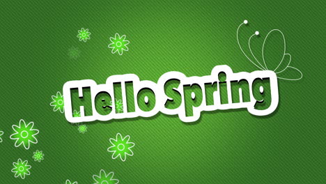 Hello-Spring-with-flying-shiny-flowers-and-butterfly-on-green-gradient