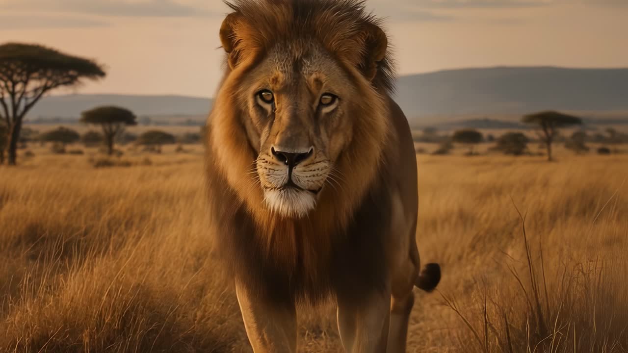 A magnificent lion confidently strolls through the expansive savannah, surrounded by golden grasses under a breathtaking sunset. The serene landscape features acacia trees in the background, casting long shadows as the sun dips below the horizon. This moment captures the essence of wildlife and the 