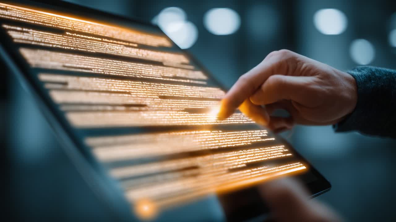 A Close-Up Perspective of a Hand Interacting with a Digital Tablet Displaying Interactive Text and Glowing Elements in a Modern Environment