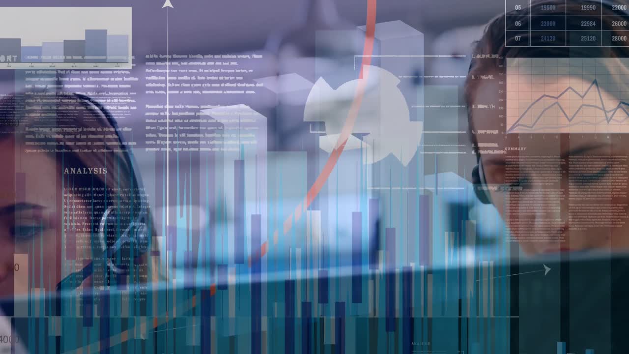 animación de estadísticas y procesamiento de datos sobre personas de negocios que usan auriculares telefónicos