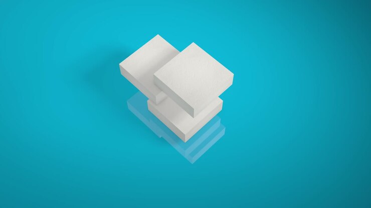 White cube rotates 3D frames. Isometric movement of the block assembly. Cube parts, moving and shifting, isolated on a blue background Geometric shape of the construction loop.