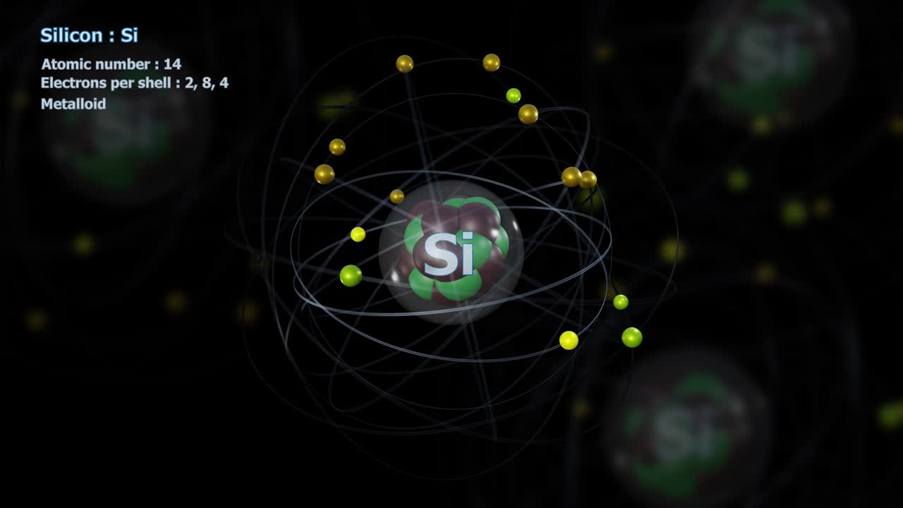 14개의 전자를 가진 실리콘 원자는 원자들과 무한한 도 회전 속에 있다.