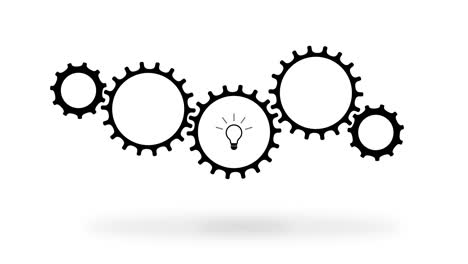 Cogwheels mechanism turning over white background while a bulb lighting up inside one of the gears.