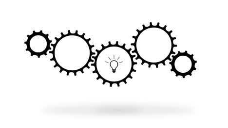zahnradmechanismus dreht sich über weißen hintergrund, während eine glühbirne in einem der getriebe leuchtet.