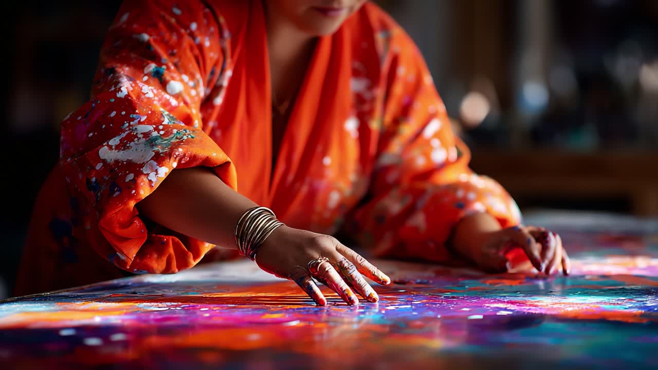 A passionate artist in a vibrant orange robe carefully creates an intricate masterpiece, pouring creativity into each stroke, capturing the essence of color and emotion in every detail