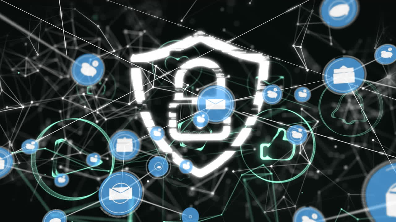 Animation of network of connections and padlock icon over black background