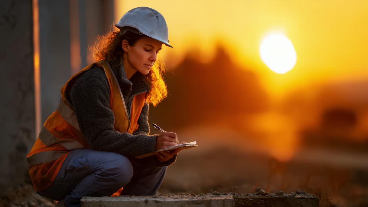 A dedicated construction worker capturing essential site notes at sunset, demonstrating commitment and focus amidst a beautiful golden hour backdrop, emphasizing the importance of documentation in fieldwork