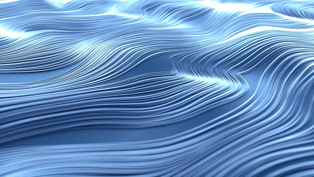 Closely packed blue bands shift in gentle waves across the frame, with luminous white accents following layered curves and creating a cool-toned sense of depth and continuous motion.