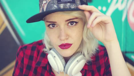 Young-blond-woman-wearing-a-baseball-cap