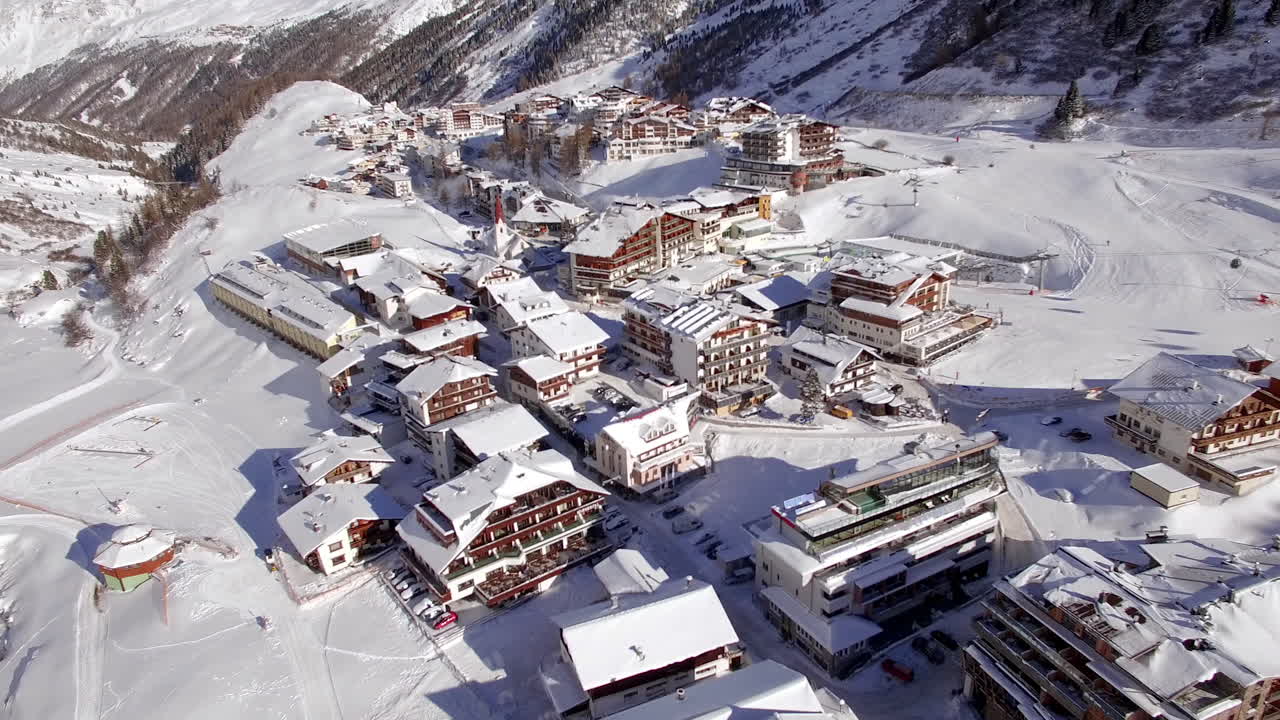 Flyover Aerial 4K Drone Shot of a Ski Village in the Alps, Europe