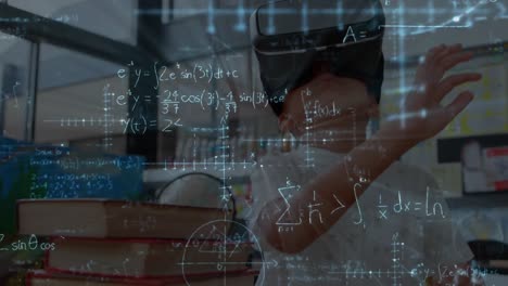 animation of mathematical formulas over schoolboy using vr headset