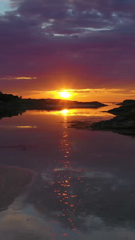 portrait drone shot over mirroring water, toward the midnight sun above the arctic ocean