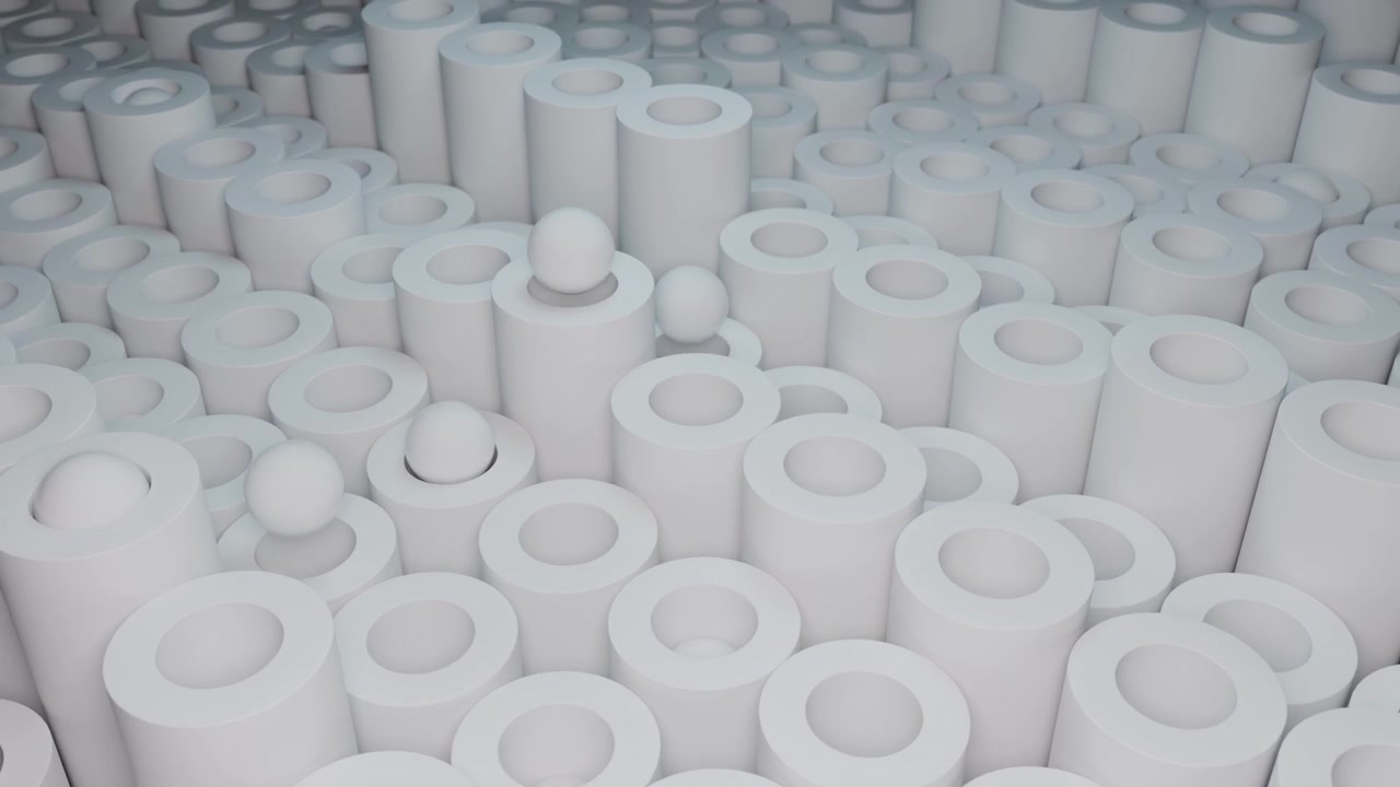 Forme cilindriche bianche e dense con aperture circolari riempiono l'inquadratura in una composizione astratta pulita. Una luce morbida e uniforme evidenzia le superfici lisce.