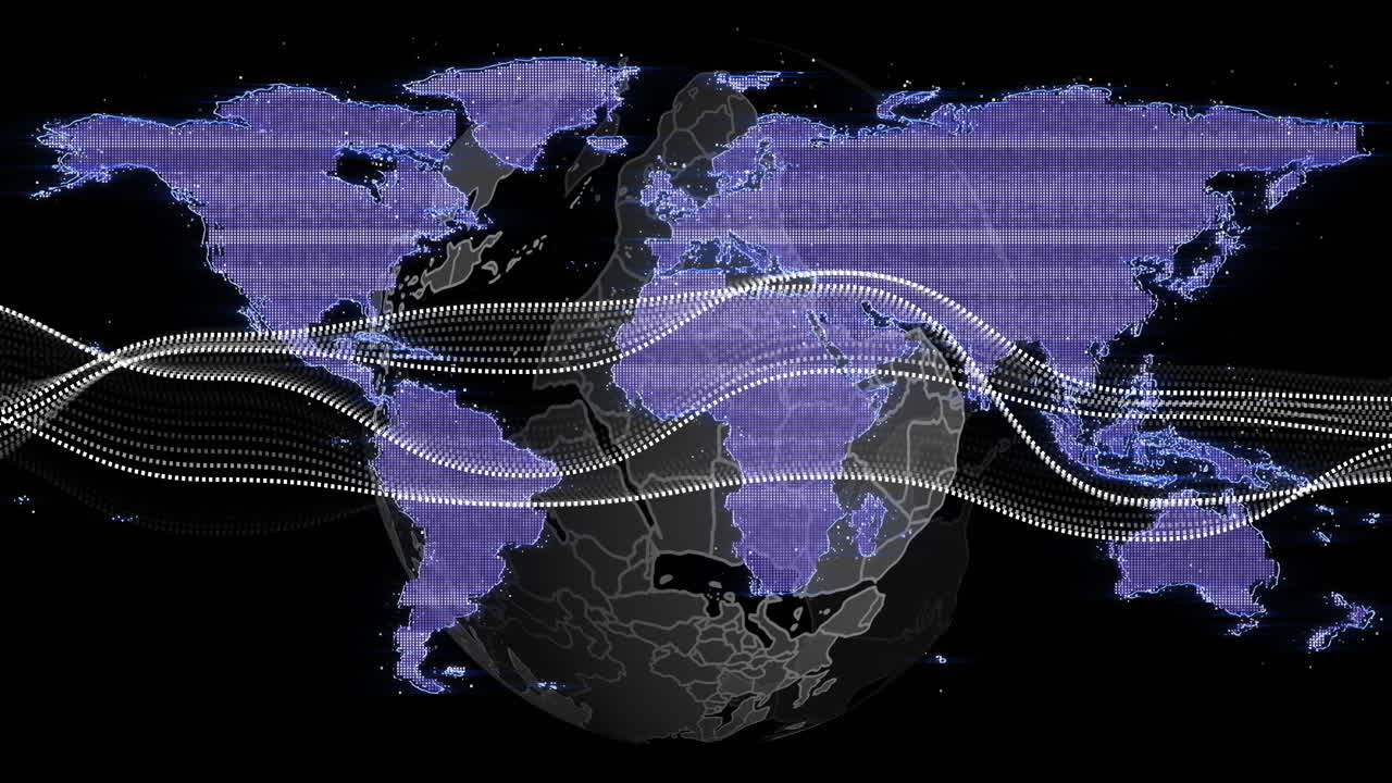 Digital globe being animated over purple-dotted map, showing pixelated continents and data flow