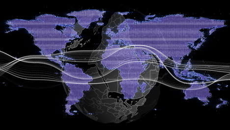 digital globe being animated over purple-dotted map, showing pixelated continents and data flow