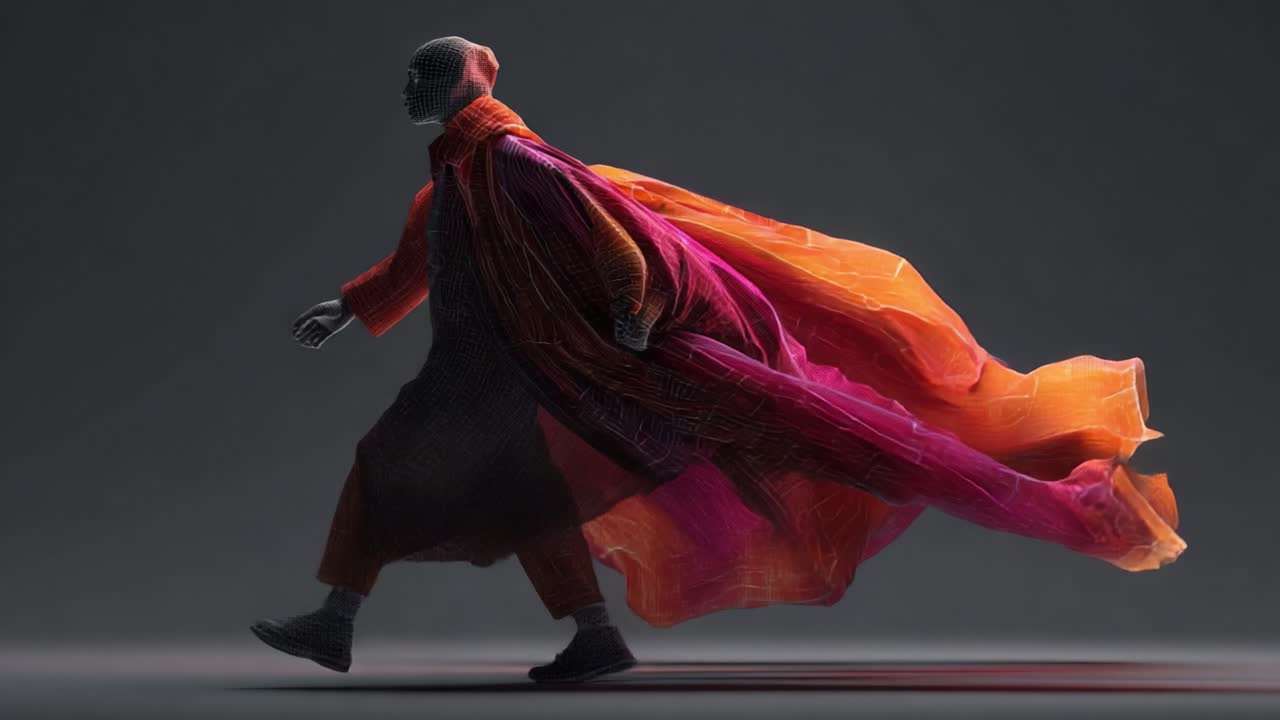 A Vibrant Journey: An Artistic Representation of a Figure in Motion with Flowing Textile Layers in Bright Shades of Orange and Pink Against a Minimalist Dark Background