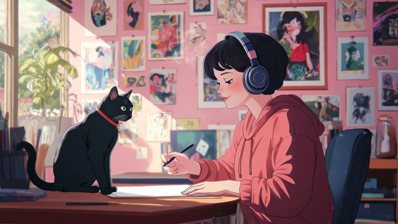 Anime Style Girl Drawing with Her Cat in a Cozy Room
